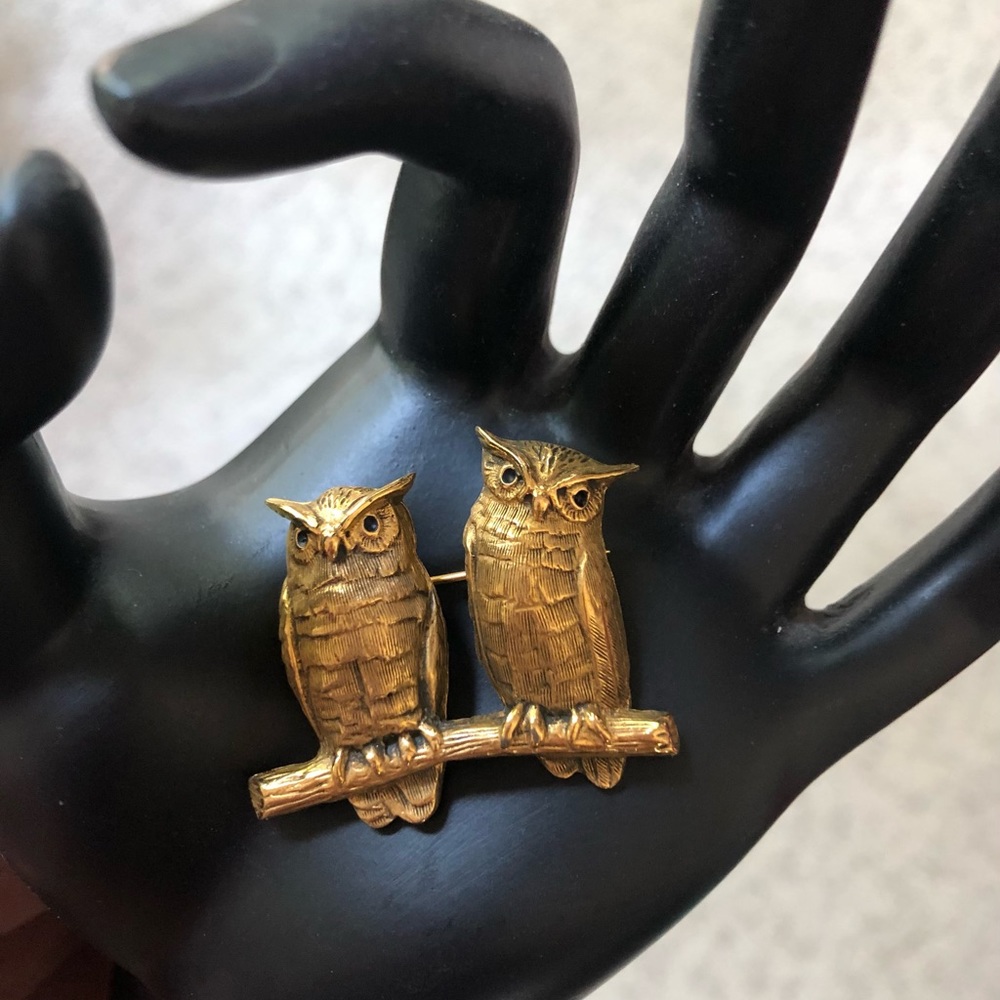 Vtg, Signed MFA, gold plated Two Owls Brooch Pin